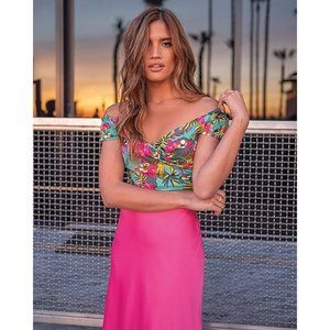 Express Rocky Barnes Floral Wrap Front Cropped Top